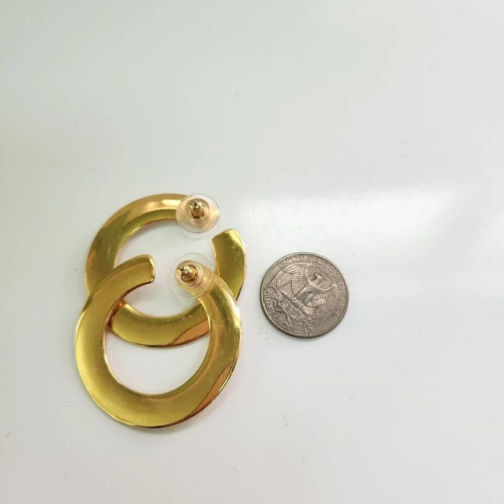 Vintage Flat Goldtone Hoop Stud Earrings